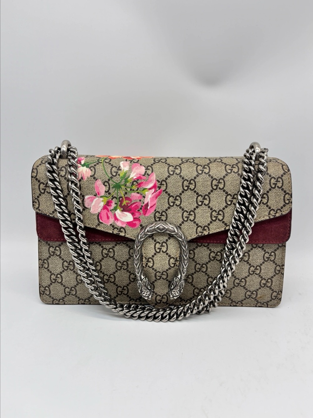 Gucci GG Supreme Shoulder Bag with Pink Floral Print and Burgundy Trim